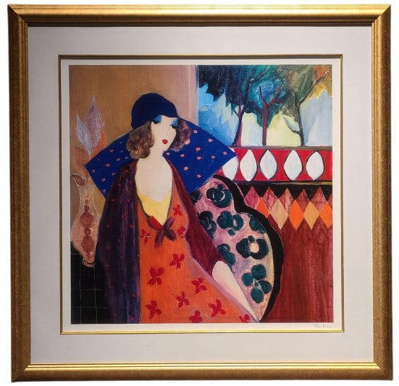 Itzchak Tarkay Indigo Chapeau Lithograph: Itzchak Tarkay Indigo Chapeau Lithograph, signed in plate. No certificate of authenticity. Frame is 36 1/2" x 37" x 1 1/2".