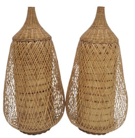 Pair of MCM Wicker Swag Lamp Shades