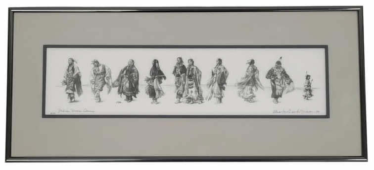 Charles Banks Wilson Indian Women Dancers Signed: Charles Banks Wilson (b. 1918 - d. 2013, Arkansas/Oklahoma) limited edition signed Indian Women Dancers. Edition of 150. Signed by artist in lower right. No certificate of authenticity. Frame is 10" x