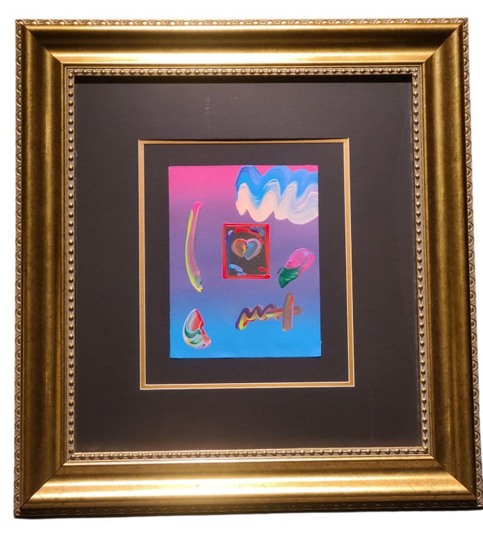 Peter Max Original Mixed Media Black Series -Heart: Peter Max Mixed Media Original "Black Series - Heart". No certificate of authenticity, however there is a sticker from the original gallery purchase on verso. 20" x 22" in a 26" x 28" x 1 1/2" frame.