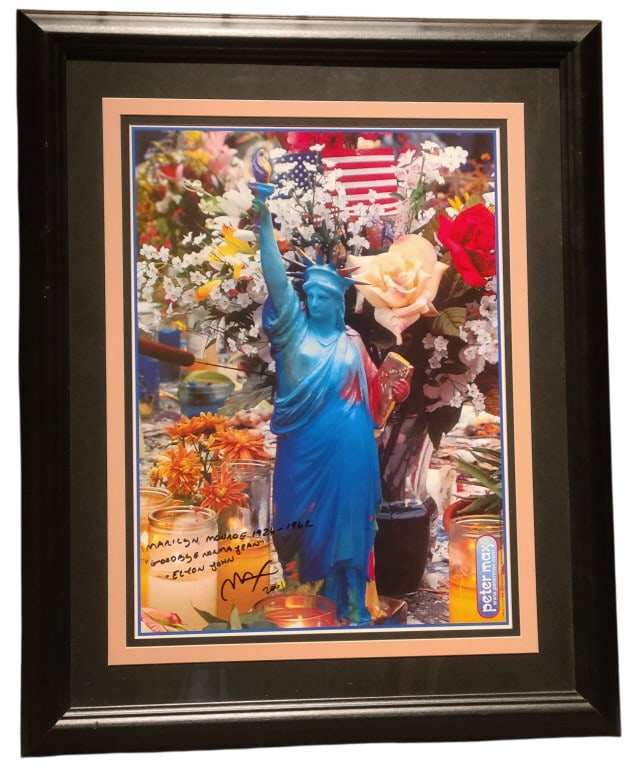 Peter Max Print Signed w/Marilyn Monroe Dedication: Peter Max Land of the Free, Home of the Brave Framed print, with dedication to Marilyn Monroe with Max signature in lower left. No certificate of authenticity, small damage to frame (see photos). 18"