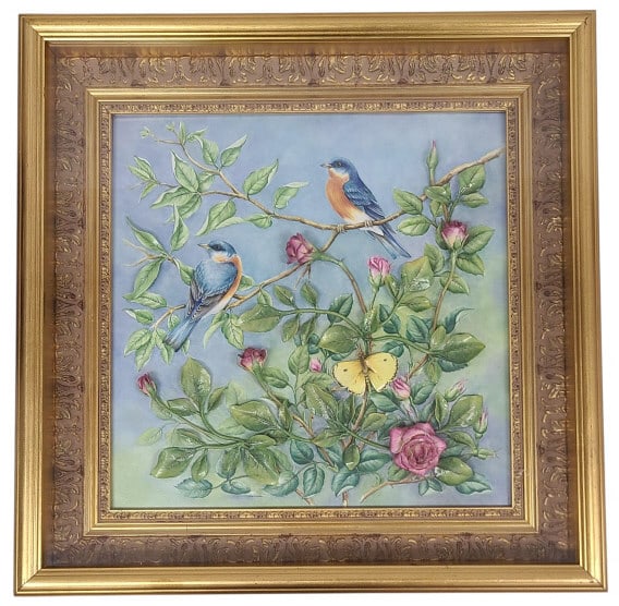 Diane Lewis Chance Bluebird Plaque Limited Ed 3/10: Diane Lewis Chance Limited Edition Bluebird Plaque. 3-D effect with flowers layered with Bluebird imagery. Frame is 19 1/8" x 19 1/8" x 3 1/2". There is an opening on verso that show title, limited ed