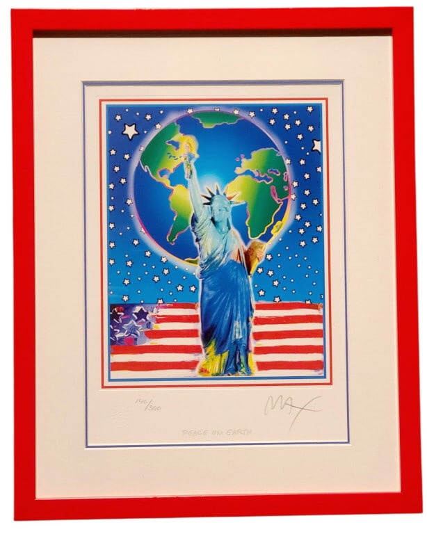Peter Max Peace on Earth Limited Edition Serigraph: Peter Max 2002 Peace on Earth Limited Ed. Serigraph marked 140/300, next to Max Studio embossed stamp. Signed in lower right. No certificate of authenticity. 14" x 17 1/2" x 1" frame.