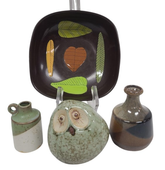 MCM Collectors Lot with Pottery Owl, Bowl, Vases: Small chip on bowl.