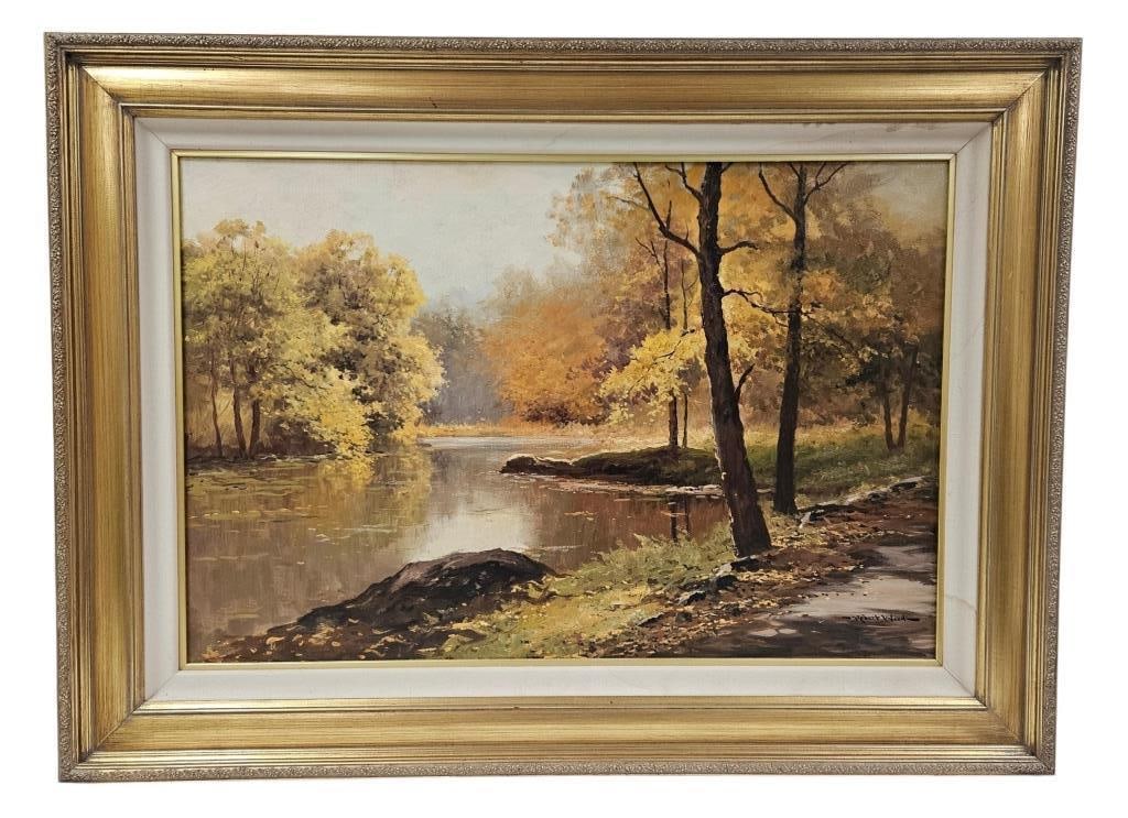 Robert Wood Original "Sawkill River" Oil Painting: American Robert William Wood (1889-1979), original oil painting on canvas. Title "Sawkill River". Artist signed lower right. Artist signature, title, and reproduction rights stamp on verso. Viewing ar
