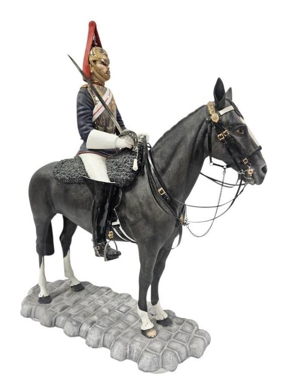 Connoisseur of Malvern Large Royal Cavalry #1/25: Richard Sefton Connoisseur of Malvern fine bone china Mounted Royal Cavalry soldier sculpture / statuette. Year of issue 1983. Number 1 from an edition of 25. Created with the approval of the househol