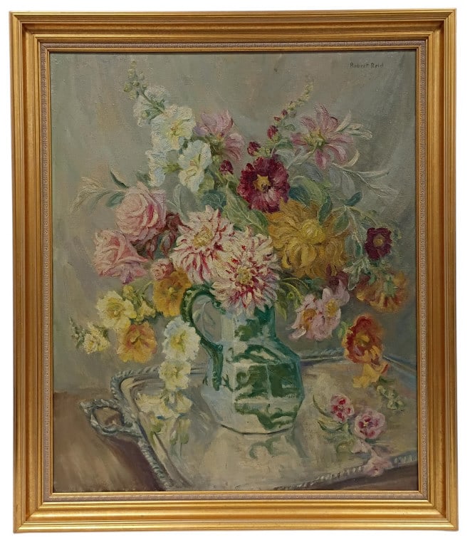 Robert Reid Original Oil Painting on Canvas: Robert Reid (b. 1862 - d. 1929, American) original still life oil painting on canvas (over board). Signed in upper right by artist. Known for his still life work of women among flowers, later also wor