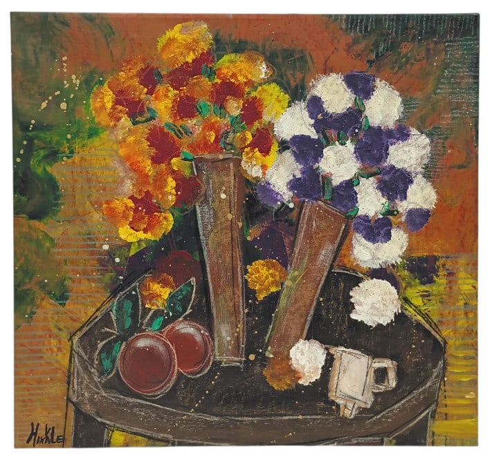 Maryann Matlock-Hinkle Still Life Painting: Believed to be Maryann Matlock-Hinkle (b. 1941 - d. 2008, American), based off similar pieces online and how she signs HinKLE. No Certificate of Authenticity. No frame, piece is 28" x 30", with some p