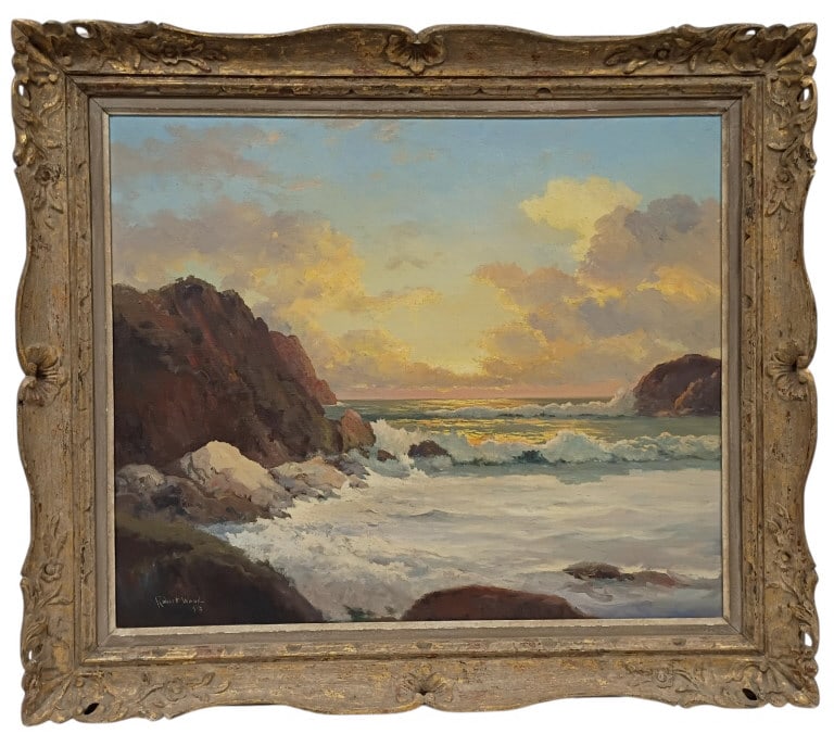 Robert Wood "Dana Point" Oil Painting on Canvas: American Robert William Wood (1889-1979), original oil painting on canvas. Signed in lower left and likely from 1913. Titled on verso by artist, "Dana Point, Cali." Stamped on verso with "All Reproduc
