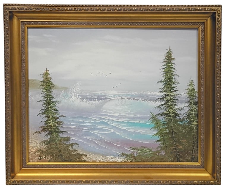 Jane Peterson Original Oil on Canvas over Panel Painting: Jane Peterson (b. 1876 - d. 1965, American) original oil seascape on canvas with panel backing. Jane Peterson made her debut in the art world as a young student at the renowned Pratt Institute in Broo