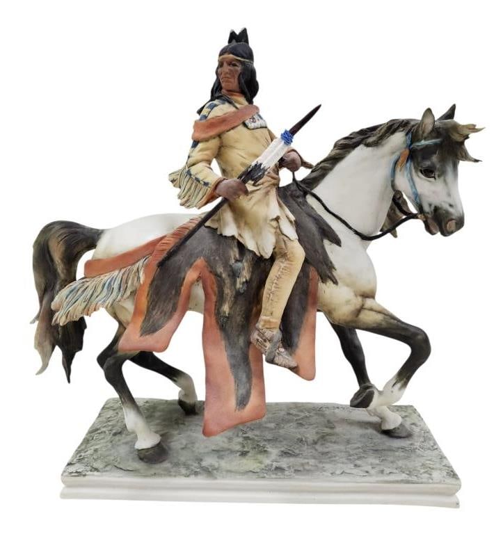 G. Tagliariol Tay Native American Sculpture 59/500: From Sculptor Giuseppe Tagliariol (Milan, Italy), vintage Tay porcelain bisque sculpture / statuette of a Native American on horseback. Base is number stamped 59 from a series of 500 and signed G. Tag