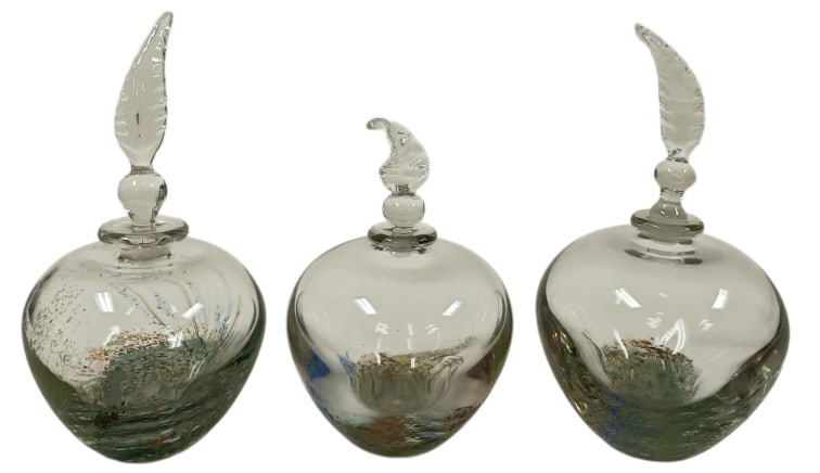 3 Hand Blown "Cottage Garden Series" Art Glass: Etched with artist name (unknown) and "Cottage Garden Series" on the base. Likely purchased from Lotton Gazebo Gallery in Gatlinburg TN in the early 1990s.