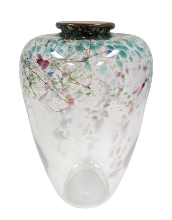 Hand Blown 12" "Hanging Garden Series" Vase: Etched with artist name (unknown) and "Hanging Garden Series" on the base. Likely purchased from Lotton Gazebo Gallery in Gatlinburg TN in the early 1990s.