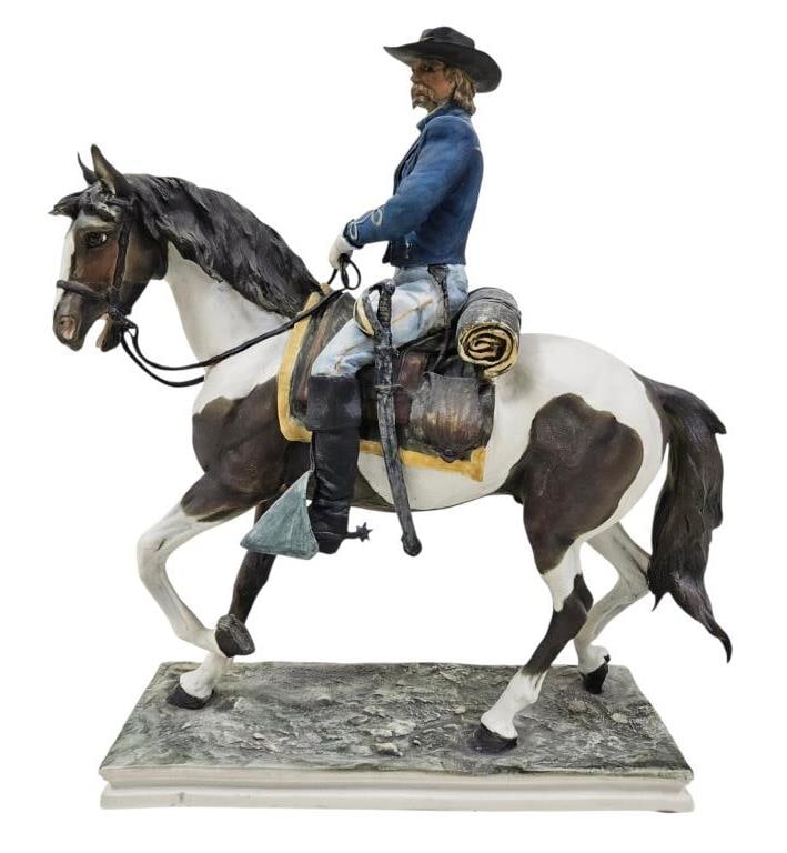 G. Tagliariol Tay George Custer Sculpture 48/500: From Sculptor Giuseppe Tagliariol (Milan, Italy), vintage Tay porcelain bisque sculpture / statuette of General George Custer on horseback. Base is number stamped 48 from a series of 500 and signed G.