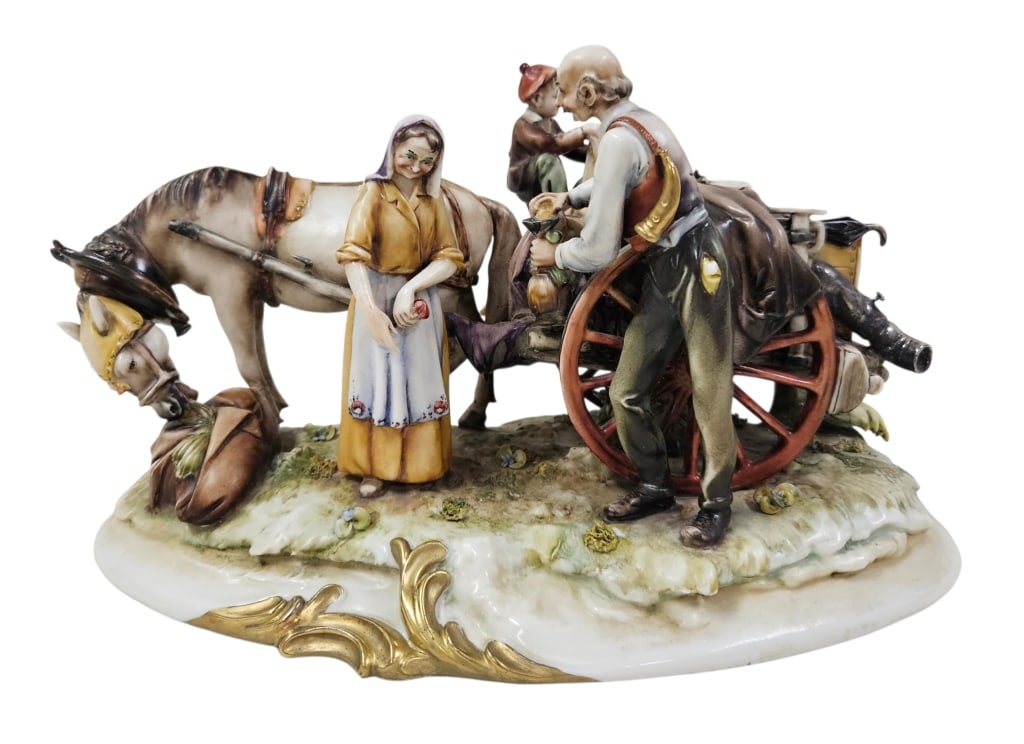 Vintage A. Borsato Wine Vendor Porcelain Sculpture: Artist Antonio Borsato, vintage porcelain "Forbidden Fruit" diorama style sculpture / statuette. Signed on back and marked on bottom. Measures approximately 12" by 8", 8" tall. Please see photos to ev