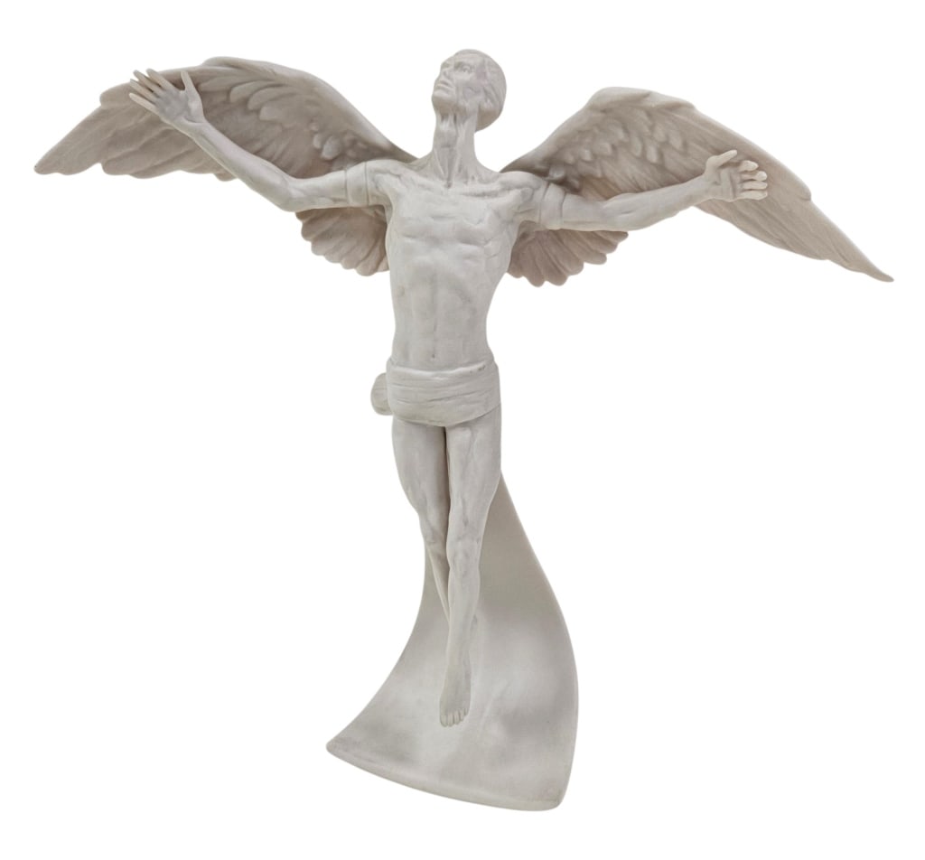 L. Ispanky for Goebel 13" Icarus 188/350 Signed: Hungarian-American artist Laszlo Ispanky for Goebel U.S.A. limited edition "Icarus" porcelain bisque sculpture / statuette. Bottom is numbered 188 of 350 and signed by artist. Measures 13" tall, 11.5"