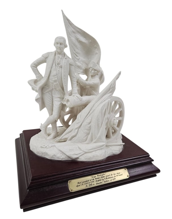 Vintage Goebel George Washington Sculpture 333/400: Vintage Limited Edition Gerhard Bochmann for Goebel "George Washington" porcelain bisque sculpture. Number 333 out of 400. Large sculpture is 17" tall. Wood base is 13.25" by 11". Weighs 11 pounds. Si