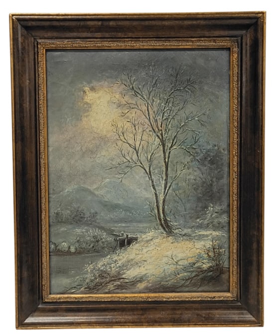 William Hart Hudson River Original Oil on Canvas: William Hart (b. 1823 - d. 1894, NY/UK), signed Wm Hart in lower right by artist. Born in Scotland and studied at Hudson River School. No certificate of authenticity. Small hole in canvas with repair,