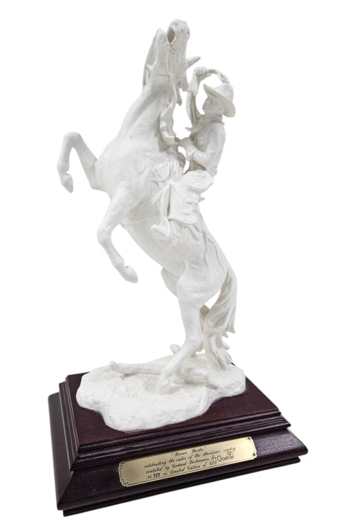 Vintage Goebel Bronco Buster Sculpture #323/400: Vintage Limited Edition Gerhard Bochmann for Goebel "Bronco Buster" porcelain bisque sculpture. Number 323 out of 400. Large sculpture is 18" tall. Wood base is 10.75" by 7.5". Weighs 6.5 pounds. Sign