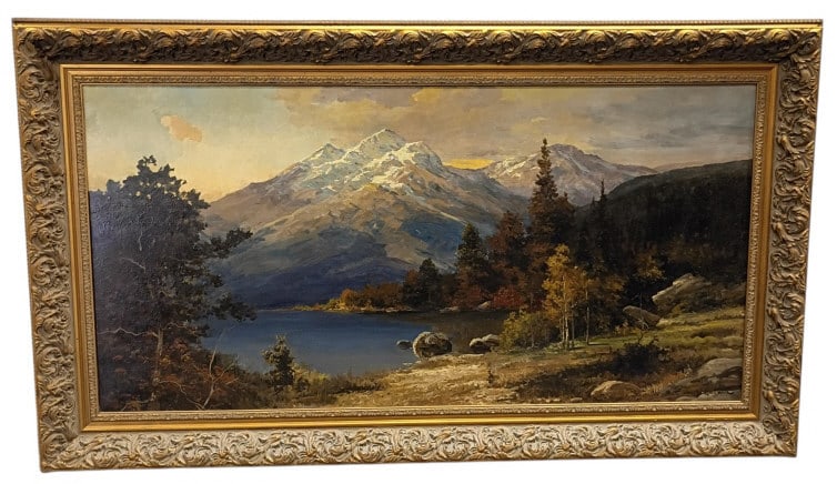 Large Robert Wood Original Oil on Canvas: American Robert William Wood (1889-1979), original oil painting on canvas. Titled "Jenny Lake" on verso along with reproduction disclaimer by artist. No certificate of authenticity. This is a large pi