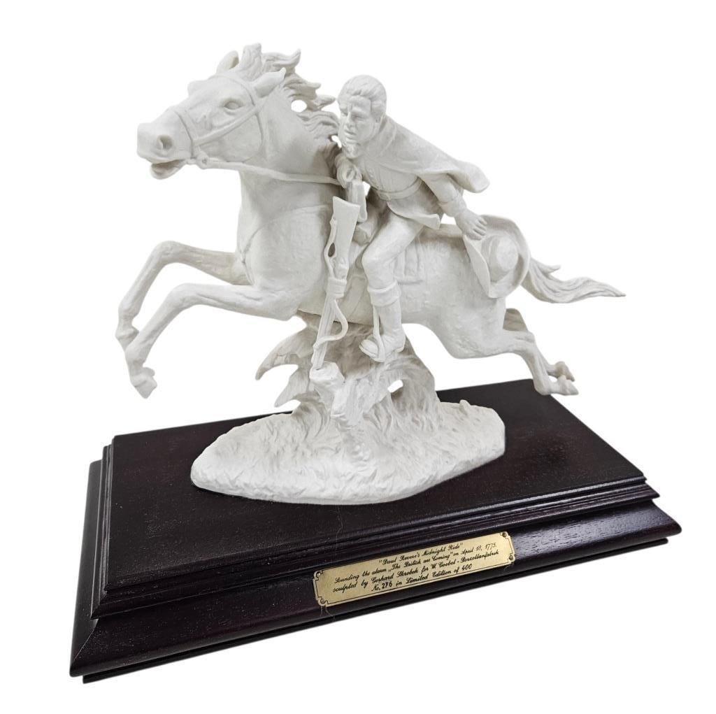 Vintage Goebel Midnight Ride Sculpture #276/400: Vintage Limited Edition Gerhard Skrobek for Goebel Paul Revere's "Midnight Ride" porcelain bisque sculpture. Number 276 out of 400. Large sculpture is 15" tall. Wood base is 17.5" by 8.5". Weighs 12 p