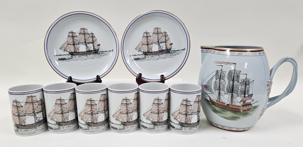 Mottahedeh Portugal Maritime Porcelain Group: Nine piece Mottahedeh Portugal porcelain group. Includes 8" tall hand-painted George Washington maritime bicentennial pitcher, limited edition 95 of 150; two 8" "Our Maritime Heritage American Frigate