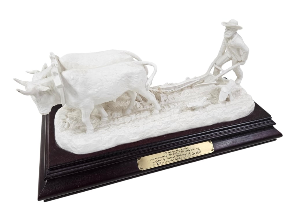 Goebel Ploughing the Prairie Sculpture #303/400: Vintage Limited Edition Gerhard Bochmann for Goebel "Plowing the Prairie" porcelain bisque sculpture. Number 303 out of 400. Sculpture is 9.5" tall. Wood base is18.5" by 8.5". Weighs 11 pounds. Signed