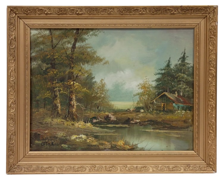 Carl Lotick Original Oil Painting on Board: Carl Lotick (b. 1878 - b. 1958, Indiana) signed original oil on board. Signature in lower left by artist, some condition issues with framing including along bottom where the staples have pushed into t