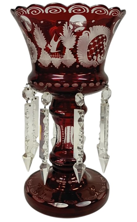 Bohemia Ruby to Clear Etched Glass Mantle Luster: No noticeable chips or cracks, just shy of 13" tall.
