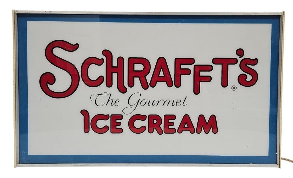 Vintage Schrafft's Gourmet Ice Cream Lighted Sign: IMPORTANT NOTE: Please be advised that we offer reasonably priced in-house shipping, but you must select Arrange My Own Shipping as part of your post-auction invoice options. Circa 1960s Schrafft's "T
