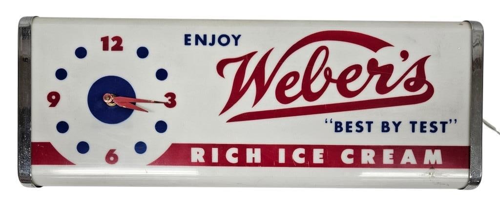 Vintage Weber's Rich Ice Cream Lighted Clock Sign: IMPORTANT NOTE: Please be advised that we offer reasonably priced in-house shipping, but you must select Arrange My Own Shipping as part of your post-auction invoice options. Circa mid-century Weber's