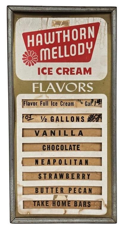 Vintage Hawthorn Mellody Ice Cream Menu Board: IMPORTANT NOTE: Please be advised that we offer reasonably priced in-house shipping, but you must select Arrange My Own Shipping as part of your post-auction invoice options. Vintage mid-century Hawth