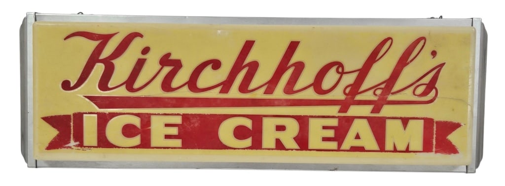 Rare Kirchoff's Ice Cream Lighted Store Sign: IMPORTANT NOTE: Please be advised that we offer reasonably priced in-house shipping, but you must select Arrange My Own Shipping as part of your post-auction invoice options. Rare, regional brand vint