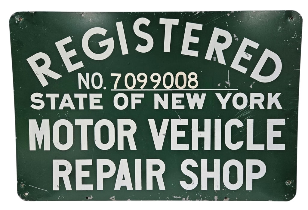 Vintage New York State Repair Shop 2-Side Sign: IMPORTANT NOTE: Please be advised that we offer reasonably priced in-house shipping, but you must select Arrange My Own Shipping as part of your post-auction invoice options. Vintage Registered State