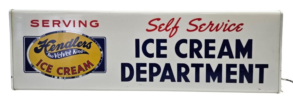 Vintage Hendlers Ice Cream 2-Sided Lighted Sign: IMPORTANT NOTE: Please be advised that we offer reasonably priced in-house shipping, but you must select Arrange My Own Shipping as part of your post-auction invoice options. Larger vintage Hendlers "