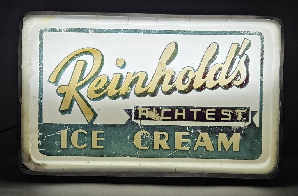 Vintage Reinhold's Ice Cream Lighted Sign: IMPORTANT NOTE: Please be advised that we offer reasonably priced in-house shipping, but you must select Arrange My Own Shipping as part of your post-auction invoice options. Rare vintage Reinhold's R