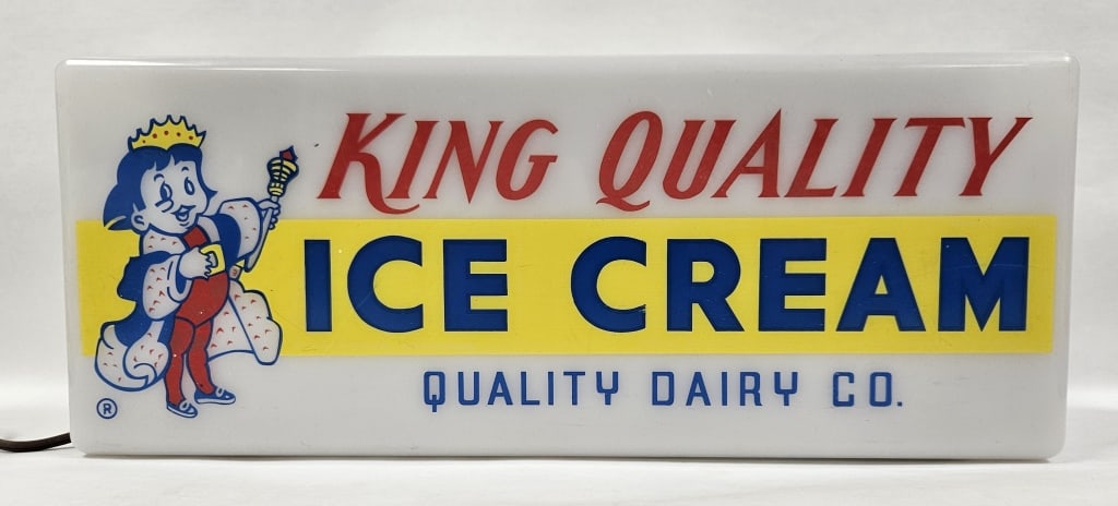 King Quality Ice Cream Dualite Lighted Dairy Sign: IMPORTANT NOTE: Please be advised that we offer reasonably priced in-house shipping, but you must select Arrange My Own Shipping as part of your post-auction invoice options. Vintage King Quality Ice