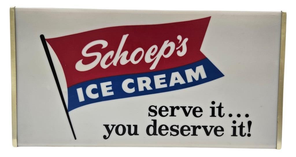 Vintage Schoep's Ice Cream 2-Sided Lighted Sign: IMPORTANT NOTE: Please be advised that we offer reasonably priced in-house shipping, but you must select Arrange My Own Shipping as part of your post-auction invoice options. Schoep's Ice Cream was fo
