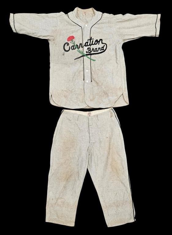 Rare 1920s Baseball Uniform Carnation Dairy: IMPORTANT NOTE: Please be advised that we offer reasonably priced in-house shipping, but you must select Arrange My Own Shipping as part of your post-auction invoice options. Very rare woolen baseball