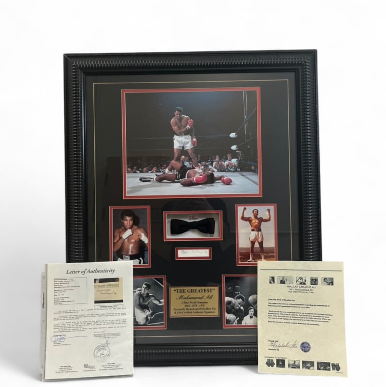 Muhammad Ali Collection Autograph/Bowtie COA: IMPORTANT NOTE: Please be advised that we offer reasonably priced ?in-house shipping,? but you must select ?Arrange My Own Shipping? as part of your post-auction invoice options. This framed Muhammad