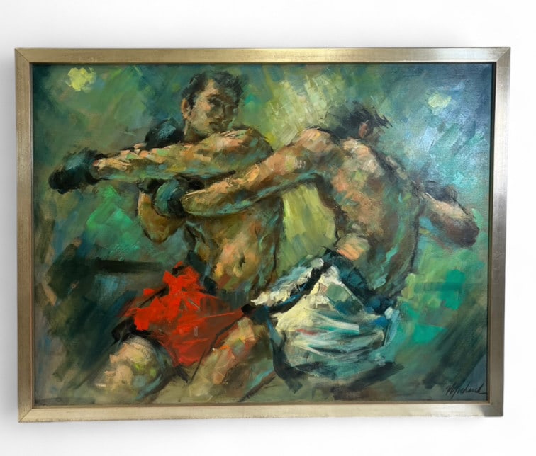 Oil On Canvas "Green/Blue Boxing" George Michaud: IMPORTANT NOTE: Please be advised that we offer reasonably priced in-house shipping, but you must select Arrange My Own Shipping as part of your post-auction invoice options. Original oil on canvas, "