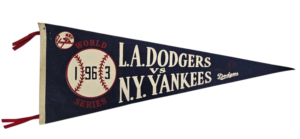 Full 1963 Dodgers Yankees World Series Pennant: IMPORTANT NOTE: Please be advised that we offer reasonably priced in-house shipping, but you must select Arrange My Own Shipping as part of your post-auction invoice options. Vintage full size 30" 196