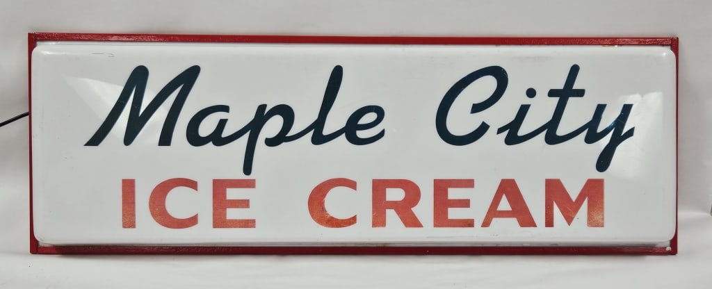 Vintage Maple City Ice Cream Lighted Sign: IMPORTANT NOTE: Please be advised that we offer reasonably priced in-house shipping, but you must select Arrange My Own Shipping as part of your post-auction invoice options. Vintage Maple City Ice Cr