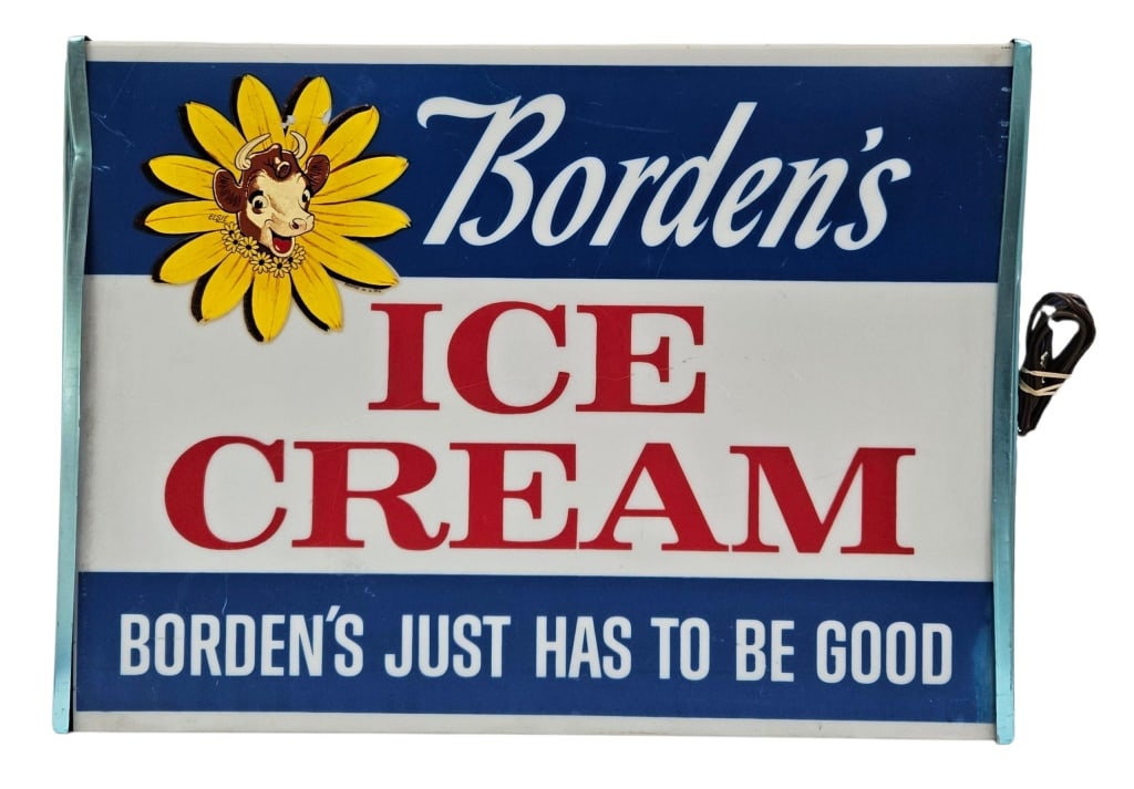 Vintage Borden's Ice Cream 2-Sided Lighed Sign: IMPORTANT NOTE: Please be advised that we offer reasonably priced in-house shipping, but you must select Arrange My Own Shipping as part of your post-auction invoice options. Vintage Borden's Ice Crea