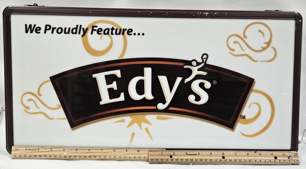 Edy's Ice Cream 2-Sided Light-Up Promotional Sign: IMPORTANT NOTE: Please be advised that we offer reasonably priced in-house shipping, but you must select Arrange My Own Shipping as part of your post-auction invoice options. Double-sided "We Proudly