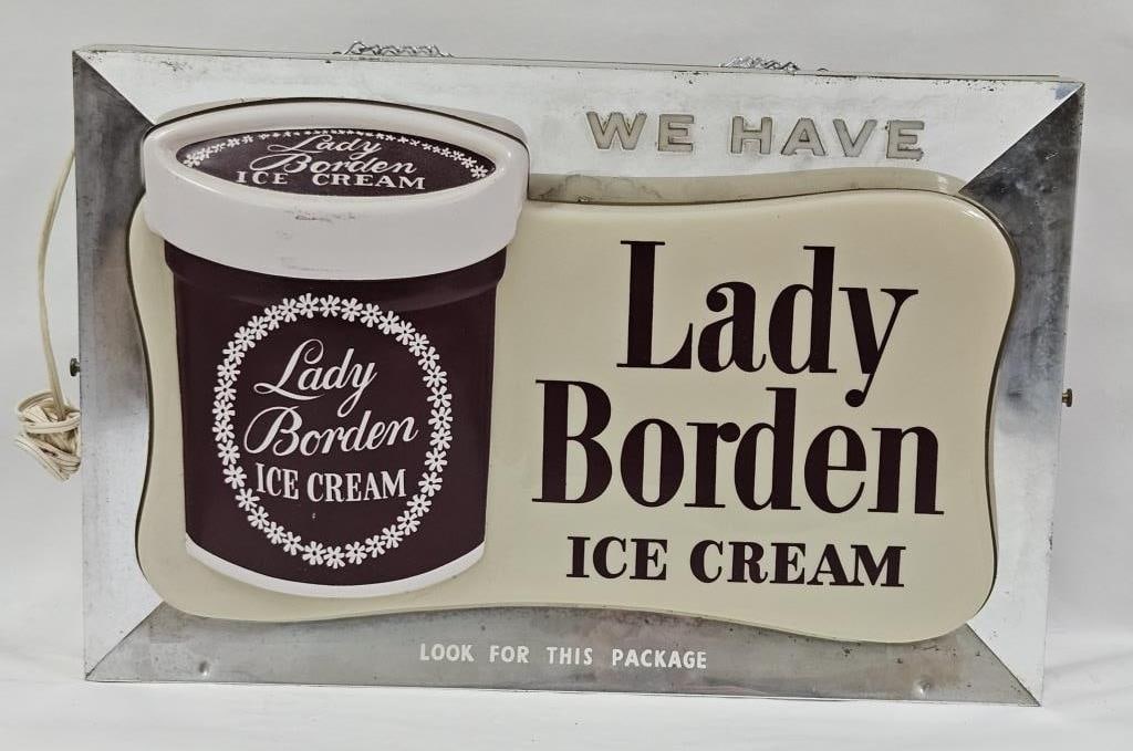 Vintage Lady Borden Ice Cream 2-Side Light Up Sign: IMPORTANT NOTE: Please be advised that we offer reasonably priced in-house shipping, but you must select Arrange My Own Shipping as part of your post-auction invoice options. Vintage "We Have" Lady Bo