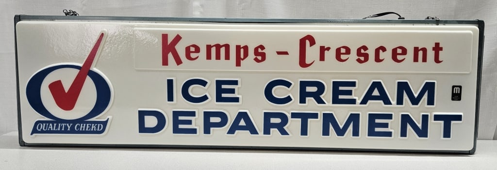 Large 2-Side Kemps Crescent Ice Cream Light Sign: IMPORTANT NOTE: Please be advised that we offer reasonably priced in-house shipping, but you must select Arrange My Own Shipping as part of your post-auction invoice options. Large Kemps-Crescent doub