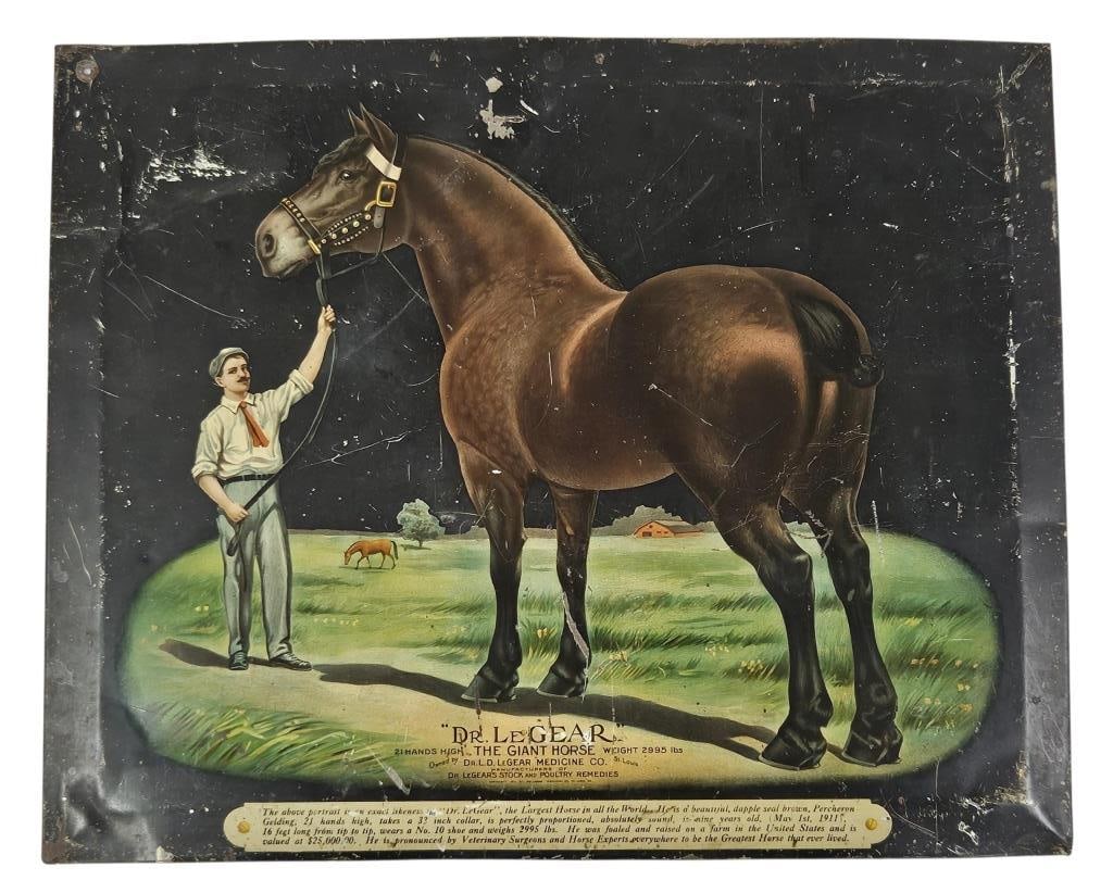 Early 1900s Dr. LeGear Tin Advertising Sign: IMPORTANT NOTE: Please be advised that we offer reasonably priced in-house shipping, but you must select Arrange My Own Shipping as part of your post-auction invoice options. Rare early 20th century D
