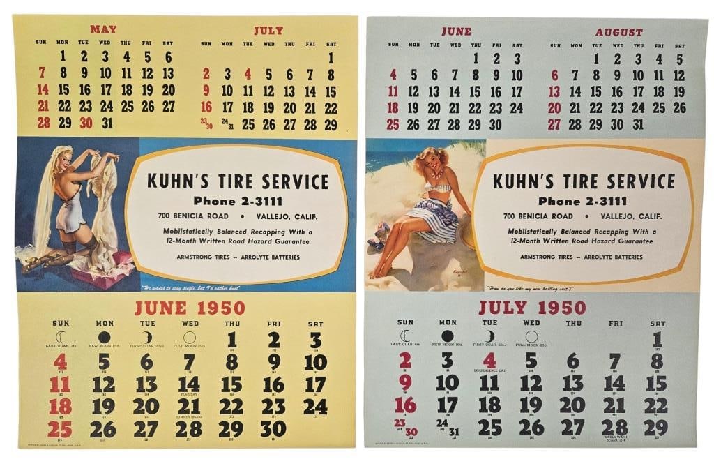 Two 1950 Large Pinup Calendar Sheets Vallejo, CA: IMPORTANT NOTE: Please be advised that we offer reasonably priced in-house shipping, but you must select Arrange My Own Shipping as part of your post-auction invoice options. Two 19" by 15" pinup girl