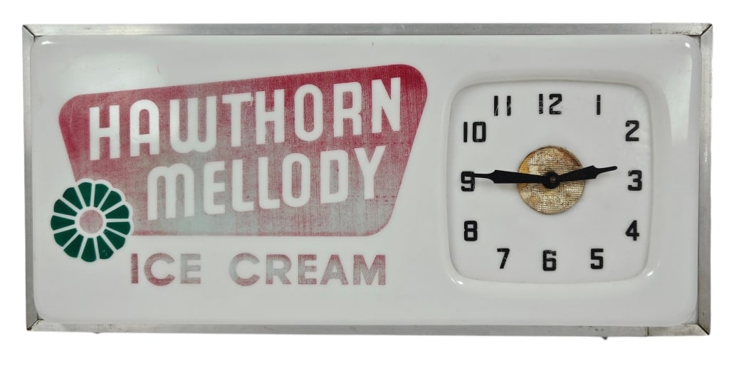 Vintage Hawthorn Mellody Ice Cream Lighted Clock: IMPORTANT NOTE: Please be advised that we offer reasonably priced in-house shipping, but you must select Arrange My Own Shipping as part of your post-auction invoice options. Vintage Hawthorn Mellody